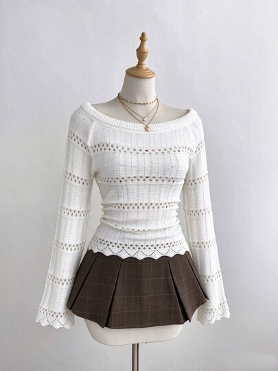 Elamini White Hollow-Out Sexy Fashion Vintage Romantic Minimalist Versatile Commute Charming Sweet Knit Boat Neck Sweater For Women