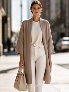 Velvienne French Minimalist Knit Shawl Cardigan Women Loose Drop Shoulder Mid-Length Soft Cozy Elegant Commuter Outerwear Sweater Plus Size Winter - Khaki - View 3