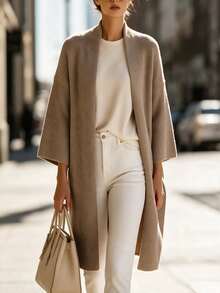 Velvienne French Minimalist Knit Shawl Cardigan Women Loose Drop Shoulder Mid-Length Soft Cozy Elegant Commuter Outerwear Sweater Plus Size Winter - Khaki - View 4