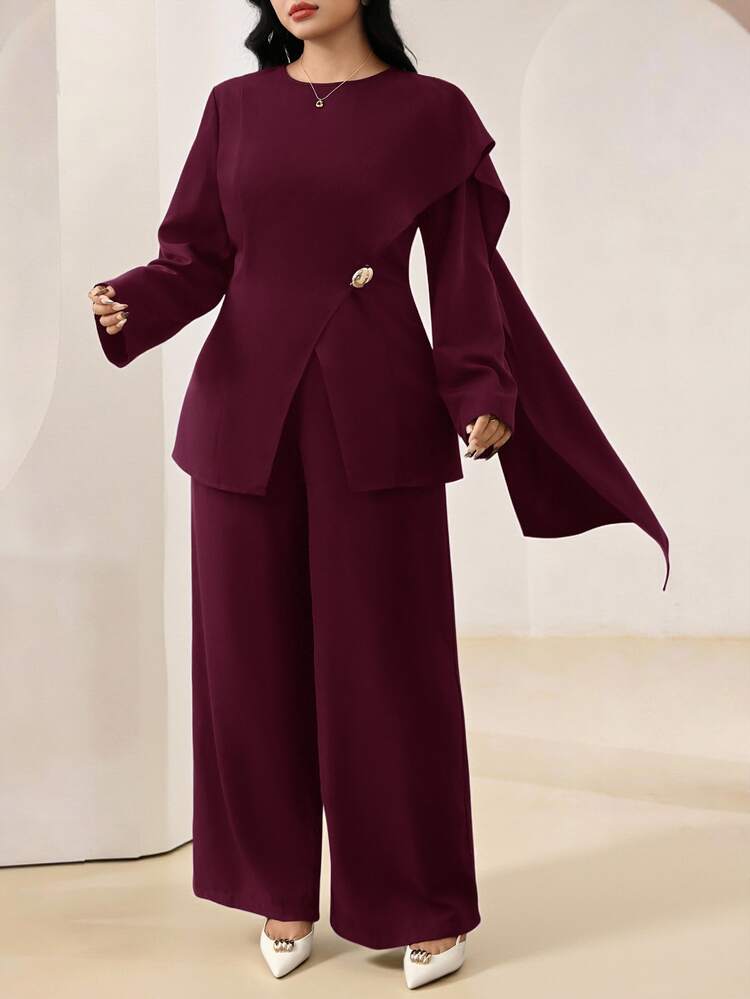 Veilorie Plus Size Women's Elegant Solid Color Asymmetrical Long Sleeve Cinched Waist Top And Wide Leg Pants 2-Piece Set, Spring/Autumn Fall - Burgundy - View 9