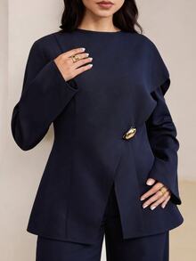Veilorie 大码女装两件套，优雅纯色上衣和裤子 - 寶藍色 - 查看 5