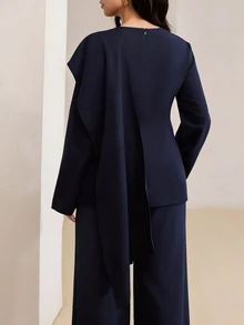 Veilorie 大码女装两件套，优雅纯色上衣和裤子 - 寶藍色 - 查看 2