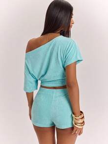 SHEIN BAE Women's Mint Green Asymmetric Shoulder Short Sleeve Top And Low Waist Shorts Set, Spring/Summer 2 Pieces Set, Summer 2 Pieces Set, Casual 2 Pieces Set, Comfortable 2 Pieces Set, Suitable For Beach Vacation And Daily Casual Wear, Basic/Summer/Beach/Outing Outfit - Mint Green - View 2