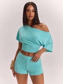 SHEIN BAE Women's Mint Green Asymmetric Shoulder Short Sleeve Top And Low Waist Shorts Set, Spring/Summer 2 Pieces Set, Summer 2 Pieces Set, Casual 2 Pieces Set, Comfortable 2 Pieces Set, Suitable For Beach Vacation And Daily Casual Wear, Basic/Summer/Beach/Outing Outfit - Mint Green - View 5