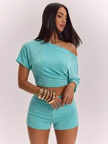 SHEIN BAE Women's Mint Green Asymmetric Shoulder Short Sleeve Top And Low Waist Shorts Set, Spring/Summer 2 Pieces Set, Summer 2 Pieces Set, Casual 2 Pieces Set, Comfortable 2 Pieces Set, Suitable For Beach Vacation And Daily Casual Wear, Basic/Summer/Beach/Outing Outfit - Mint Green - View 4