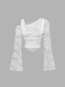 SHEIN MOD 2-Pack Women's Lace Asymmetrical Collar 2 In 1 T-Shirt - Black and White - View 12