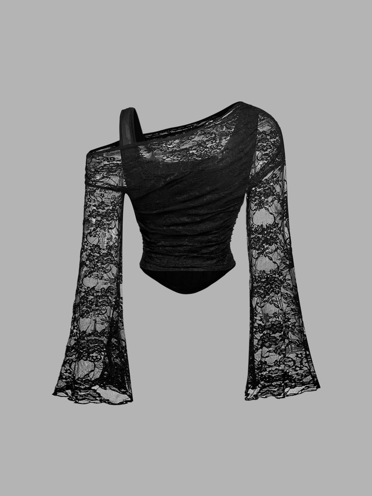 SHEIN MOD 2-Pack Women's Lace Asymmetrical Collar 2 In 1 T-Shirt - Black and White - View 13