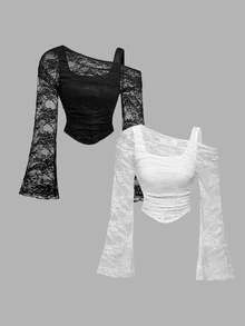 SHEIN MOD 2-Pack Women's Lace Asymmetrical Collar 2 In 1 T-Shirt - Black and White - View 9