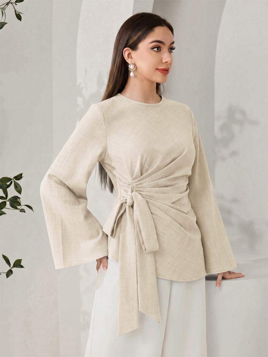 Veilorie Women's Classic Minimalist Round Neck Flared Sleeve Pleated Bow Long Sleeve Blouse Suitable For Commuting