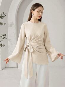 Veilorie Women's Classic Minimalist Round Neck Flared Sleeve Pleated Bow Long Sleeve Blouse Suitable For Commuting - Apricot - View 5