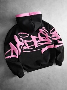 PAVTROS Men's Black Oversized Streetwear Graffiti Sweatshirt, Contrast Pattern Design, American Vintage Hip-Hop Style - Multicolor - View 5