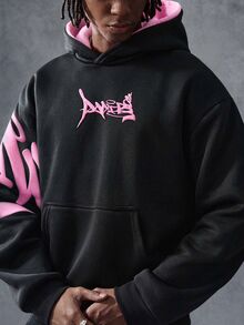 PAVTROS Men's Black Oversized Streetwear Graffiti Sweatshirt, Contrast Pattern Design, American Vintage Hip-Hop Style - Multicolor - View 3