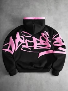 PAVTROS Men's Black Oversized Streetwear Graffiti Sweatshirt, Contrast Pattern Design, American Vintage Hip-Hop Style - Multicolor - View 2