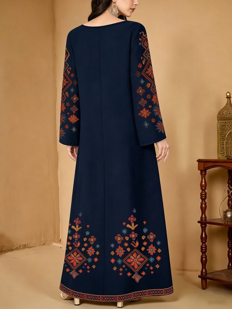 SHEIN Najma Women's Floral & Botanical Print Elegant Round Neck Long Sleeve Spring Arabic Style Dress, Modest Traditional Vacation Summer Formal Evening Dress - Multicolor - View 2