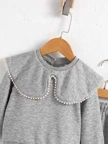 SHEIN Playful Pals Baby Girl Sweet Grey 2 Piece Outfits Cute Pearl Ruffle Doll Collar Long Sleeve Sweatshirt And Sweatpants Set Casual Kids Winter Pullover Suit - Grey - View 5