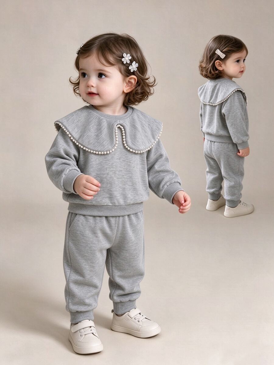 SHEIN Playful Pals Baby Girl Sweet Grey 2 Piece Outfits Cute Pearl Ruffle Doll Collar Long Sleeve Sweatshirt And Sweatpants Set Casual Kids Winter Pullover Suit - Grey - View 1
