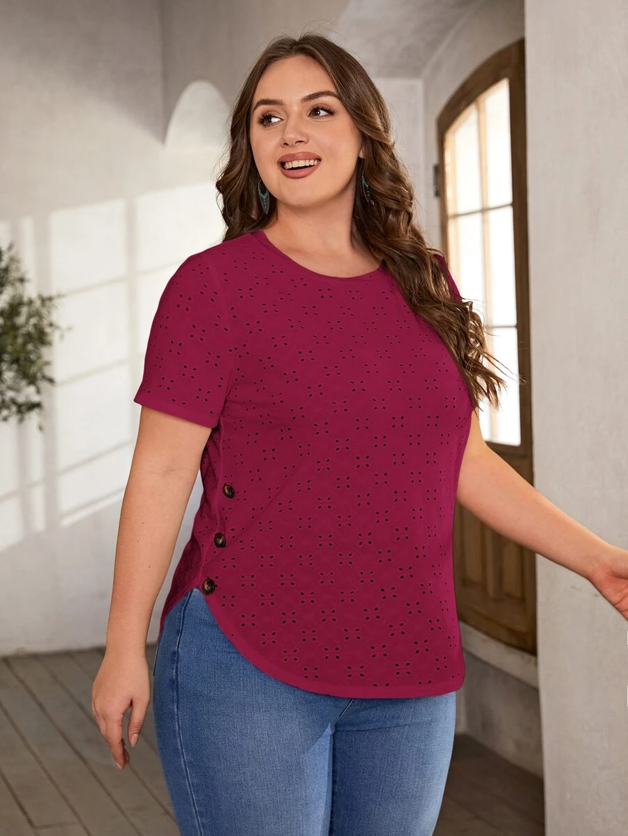 SHEIN LUNE Plus Size Casual Solid Color Hollow Out Embroidery Short Sleeve T-Shirt - Red Violet - View 1