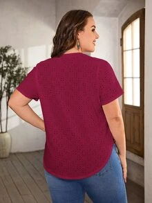 SHEIN LUNE Plus Size Casual Solid Color Hollow Out Embroidery Short Sleeve T-Shirt - Red Violet - View 2