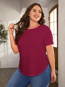 SHEIN LUNE Plus Size Casual Solid Color Hollow Out Embroidery Short Sleeve T-Shirt - Red Violet - View 3