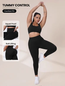 SHEIN Rhythm Era Plus Size Wide Waistband Sports Leggings Yoga Women Pants - Black - View 2