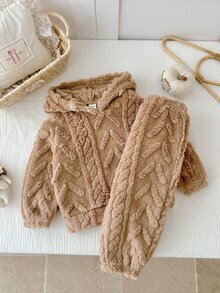 SHEIN 女嬰針織純色人造毛連帽休閒衛衣與長褲2件套 - 卡其色 - 查看 5