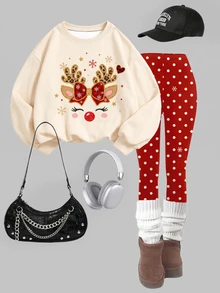 Tween Girl Deer Print Crew Neck Sweatshirt And Brushed Leggings Set, Christmas Gift - Multicolor - View 5