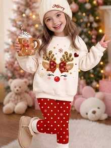 Tween Girl Deer Print Crew Neck Sweatshirt And Brushed Leggings Set, Christmas Gift - Multicolor - View 1