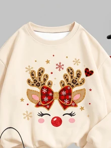 Tween Girl Deer Print Crew Neck Sweatshirt And Brushed Leggings Set, Christmas Gift - Multicolor - View 4