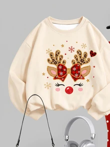 Tween Girl Deer Print Crew Neck Sweatshirt And Brushed Leggings Set, Christmas Gift - Multicolor - View 7