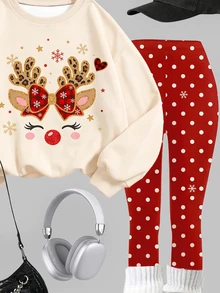 Tween Girl Deer Print Crew Neck Sweatshirt And Brushed Leggings Set, Christmas Gift - Multicolor - View 6