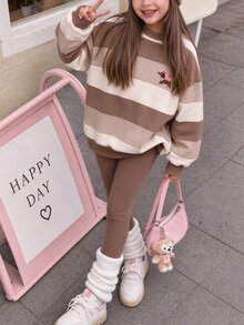 復古甜美女孩棕色條紋臘腸狗圖案，女款休閒極簡圓領套頭運動衫與刷毛內搭褲2件套，秋冬新款日常開學穿搭，復古時髦甜美俏皮，美式學院風休閒時尚 - 白色 - 查看 7