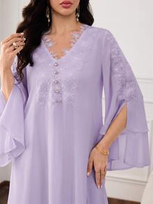Al Najma Đầm nữ phong cách Ả Rập thanh lịch đính appliques và thiết kế cúc trang trí - Màu tím - Xem 4