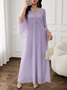 Al Najma Đầm nữ phong cách Ả Rập thanh lịch đính appliques và thiết kế cúc trang trí - Màu tím - Xem 6