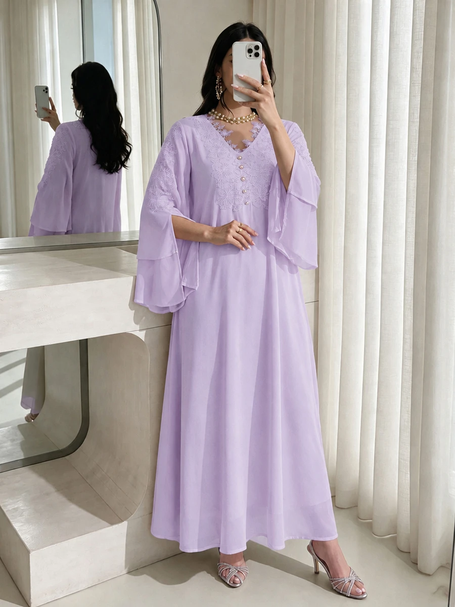 Al Najma Đầm nữ phong cách Ả Rập thanh lịch đính appliques và thiết kế cúc trang trí - Màu tím - Xem 1