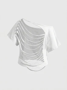 ROMWE Grunge Punk Camiseta corta holgada con hombro asimétrico, espalda abierta y rasgada - Blanco - Ver 2