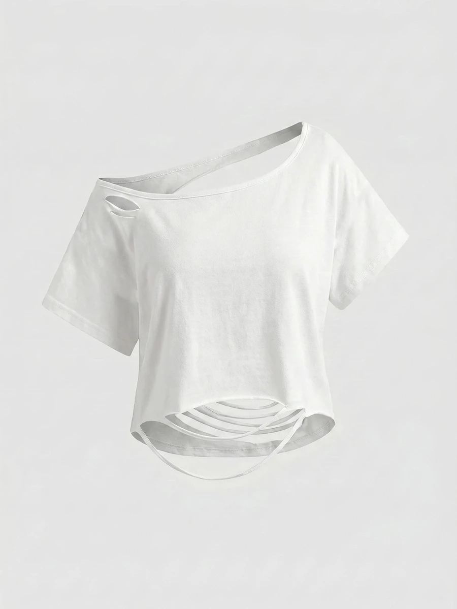 ROMWE Grunge Punk Camiseta corta holgada con hombro asimétrico, espalda abierta y rasgada - Blanco - Ver 1