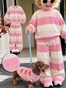 SHEIN Baby Girl Pink & White Striped Long Sleeve Wide Leg Pants 2pcs Set & Round Neck Loose Drop Shoulder Sweatshirt Top & Body Decorated With Simple Smile Embroidery Design & Paired With Matching Color Striped Wide Leg Long Pants & Soft Comfortable Fabric & Fresh Sweet Casual Style & Suitable For Spring & Autumn Outings & Daily Wear At Home - Pink - View 6