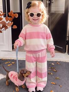 SHEIN Baby Girl Pink & White Striped Long Sleeve Wide Leg Pants 2pcs Set & Round Neck Loose Drop Shoulder Sweatshirt Top & Body Decorated With Simple Smile Embroidery Design & Paired With Matching Color Striped Wide Leg Long Pants & Soft Comfortable Fabric & Fresh Sweet Casual Style & Suitable For Spring & Autumn Outings & Daily Wear At Home - Pink - View 3