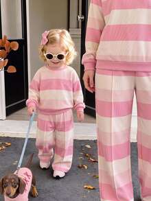 SHEIN Baby Girl Pink & White Striped Long Sleeve Wide Leg Pants 2pcs Set & Round Neck Loose Drop Shoulder Sweatshirt Top & Body Decorated With Simple Smile Embroidery Design & Paired With Matching Color Striped Wide Leg Long Pants & Soft Comfortable Fabric & Fresh Sweet Casual Style & Suitable For Spring & Autumn Outings & Daily Wear At Home - Pink - View 4