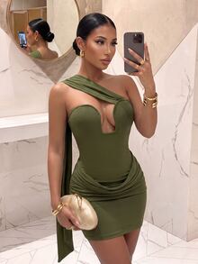 Slaydiva Women Olive Green Velvet One Shoulder Mini Dress U Cutout Draped Ruched Sash Bodycon Sexy Club Party Birthday Cocktail Going Out Wrap Summer - Olive Green - View 8