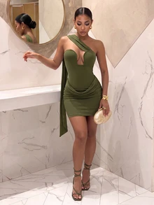 Slaydiva Women Olive Green Velvet One Shoulder Mini Dress U Cutout Draped Ruched Sash Bodycon Sexy Club Party Birthday Cocktail Going Out Wrap Summer - Olive Green - View 6