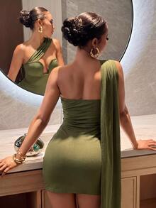 Slaydiva Women Olive Green Velvet One Shoulder Mini Dress U Cutout Draped Ruched Sash Bodycon Sexy Club Party Birthday Cocktail Going Out Wrap Summer - Olive Green - View 5