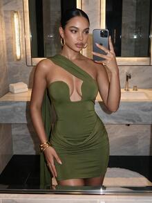 Slaydiva Women Olive Green Velvet One Shoulder Mini Dress U Cutout Draped Ruched Sash Bodycon Sexy Club Party Birthday Cocktail Going Out Wrap Summer - Olive Green - View 3
