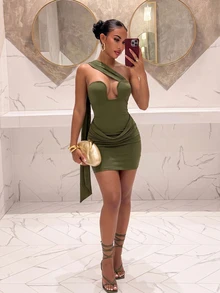 Slaydiva Women Olive Green Velvet One Shoulder Mini Dress U Cutout Draped Ruched Sash Bodycon Sexy Club Party Birthday Cocktail Going Out Wrap Summer - Olive Green - View 2