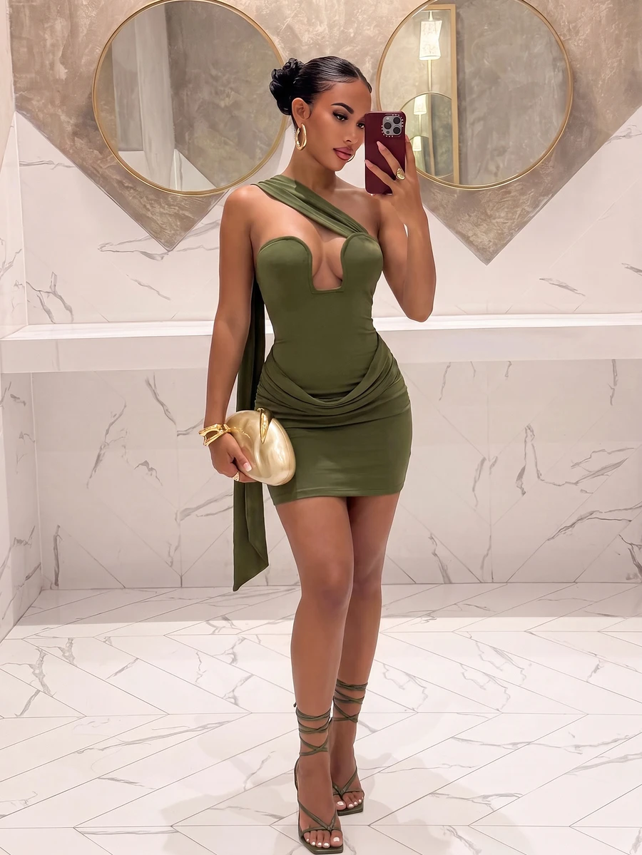 Slaydiva Women Olive Green Velvet One Shoulder Mini Dress U Cutout Draped Ruched Sash Bodycon Sexy Club Party Birthday Cocktail Going Out Wrap Summer