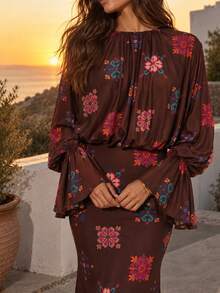 Dancing Leopard Chocolate Brown Relaxed Fit Ruched Long Dress, Date Night Outfit - Chocolate Brown - View 4
