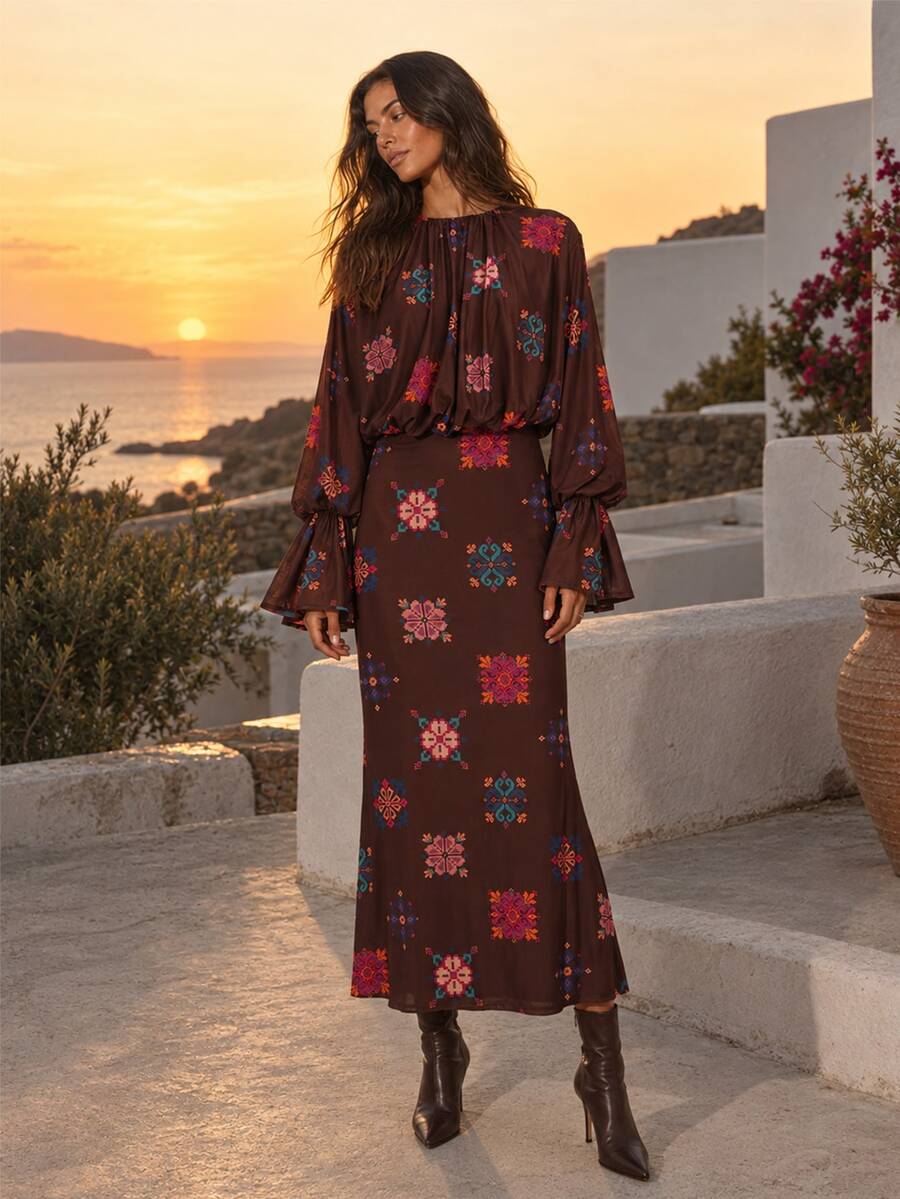 Dancing Leopard Chocolate Brown Relaxed Fit Ruched Long Dress, Date Night Outfit - Chocolate Brown - View 1