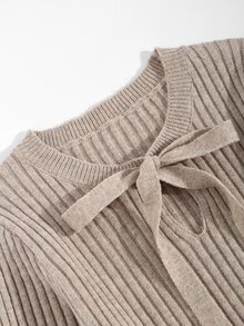 Velvienne Plus Size Soft Bow Collar Knit Dress Winter - Khaki - View 4