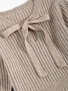 Velvienne Plus Size Soft Bow Collar Knit Dress Winter - Khaki - View 6