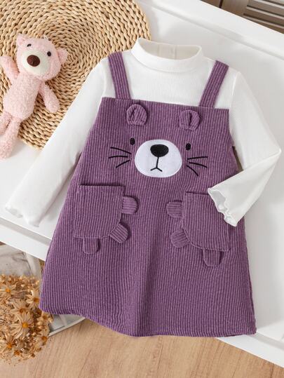 SHEIN Baby Girl Cute Purple Fake Two Piece Dress Cartoon Bear 3D Ears Mock Neck Long Sleeve Top And Knit Strap Overall Dress Kids Winter Casual Clothes